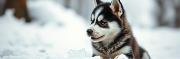 Cute Siberian Husky puppy playing in the snow during a winter afternoon in a forest setting photo