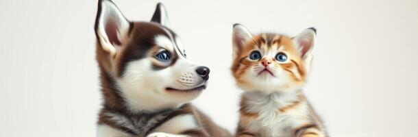 Cute puppy and kitten sitting together on soft surface indoors during daylight photo