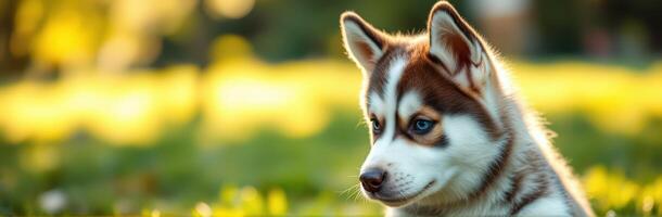 Cute husky puppy relaxing in a sunny park during golden hour surrounded by lush green grass photo