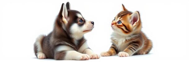 Playful puppy and kitten interacting together in a cozy indoor setting photo