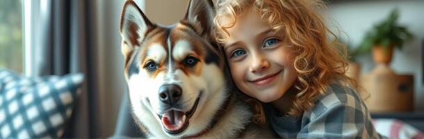 Smiling child plays with friendly dog in cozy living room setting during afternoon photo