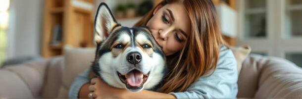 Woman enjoys a warm embrace with her happy dog indoors during a cozy afternoon photo