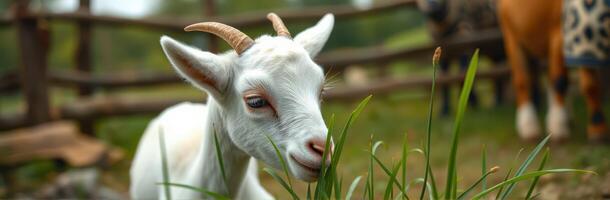 Young goat grazes on fresh green grass in a rural setting surrounded by farm animals and wooden fence photo