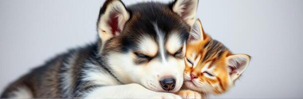 Cute puppy and kitten cuddling together on a soft surface in a cozy indoor setting during daylight hours photo