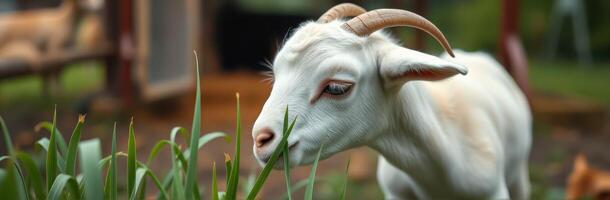 Young white goat grazing on green grass in a serene farm setting during daylight hours photo