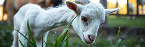 Young goat plays in green grass during a sunny afternoon on a rural farm setting photo