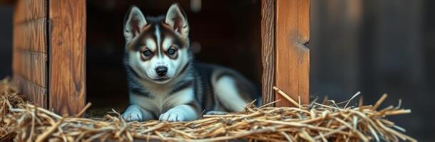 Cute husky puppy resting in wooden doghouse with straw bedding during golden hour light photo