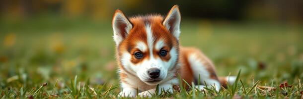 Cute and playful husky puppy resting on green grass during a sunny day in a park setting photo