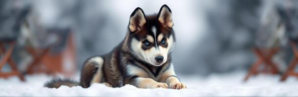 Cute husky puppy relaxes in snowy landscape with blurred trees in the background during winter afternoon photo