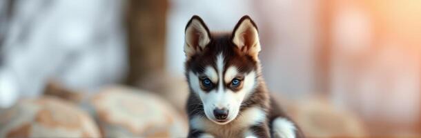 Cute husky puppy playing outdoors in a sunny forest setting during early morning hours photo