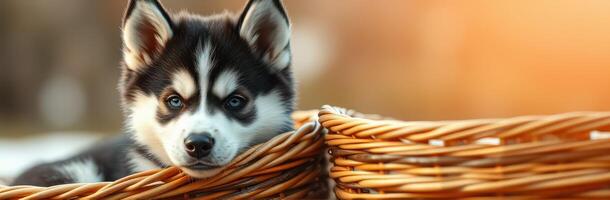 Cute husky puppy resting in a wicker basket during a sunny afternoon outdoors with soft lighting photo
