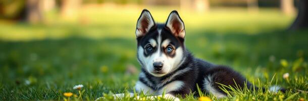Cute husky puppy resting in the grass on a sunny day in a park surrounded by flowers and trees photo