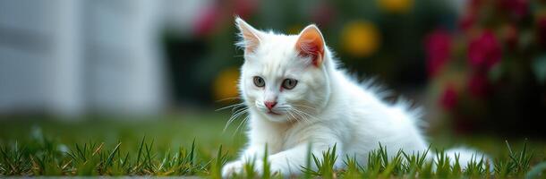 White cat relaxes in vibrant garden during sunny afternoon photo