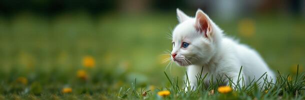 Curious white kitten exploring a grassy field dotted with wildflowers on a sunny afternoon photo