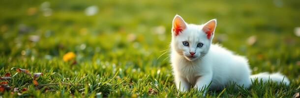 White kitten playing on green grass in a sunny garden during the afternoon photo