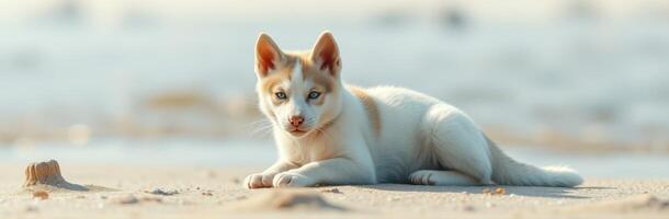 Playful puppy resting on sandy beach during golden hour with soft sunlight illuminating its fur and ocean in the background photo
