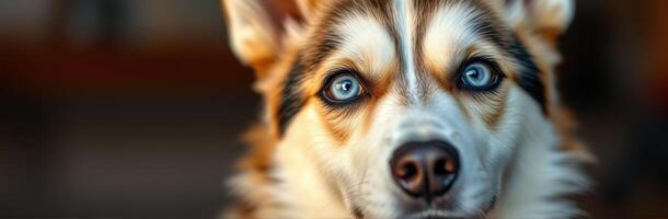 Beautiful dog with striking blue eyes looking directly at the camera in a cozy indoor setting photo