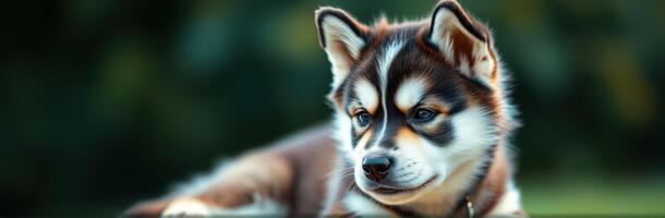 Playful husky puppy enjoys a sunny day outdoors in a lush green garden photo