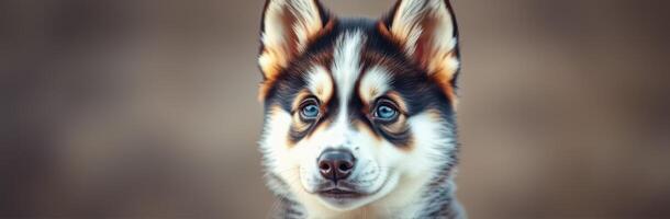 Portrait of a cute husky puppy with striking blue eyes in a neutral background, showcasing its playful and curious nature photo