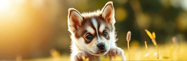Cute puppy playing in the grass during sunset, showing curiosity and joy in a serene outdoor setting photo