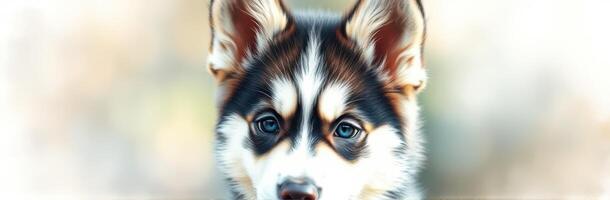 Cute husky puppy with striking blue eyes gazing directly at the camera in a soft blurred background during daylight photo