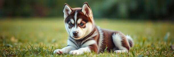 Playful husky puppy lounging on grass in a sunny park during the afternoon photo