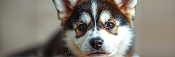 Corgi puppy with striking eyes relaxing indoors in a cozy setting photo