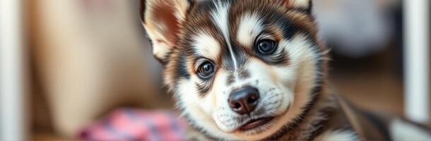 Cute husky puppy with striking eyes looking curiously while resting indoors in bright natural light photo