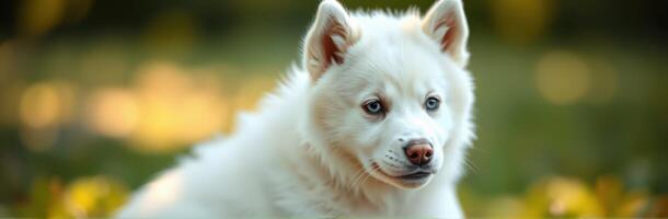 White fluffy dog enjoying a sunny day in a vibrant green park surrounded by colorful flowers photo