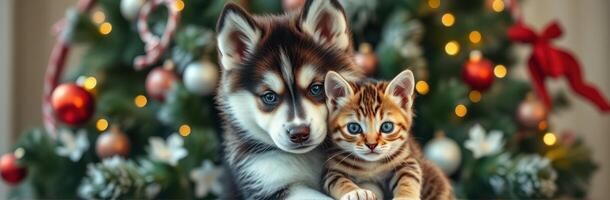 Cute puppy and kitten cuddling together in front of a beautifully decorated Christmas tree photo