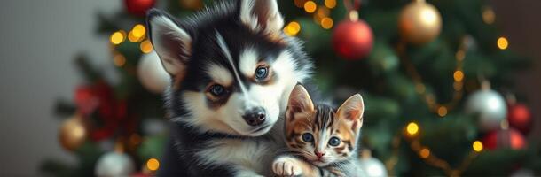 Adorable puppy and kitten together in front of a decorated Christmas tree during the holiday season photo