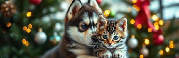 Cute husky puppy and playful kitten cuddle together near a decorated Christmas tree photo