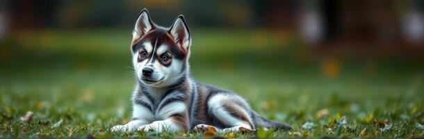 Adorable husky puppy relaxing on green grass during a sunny day in a park photo