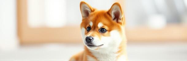 Cute shiba inu puppy posing indoors in a cozy setting with soft lighting during a calm afternoon photo