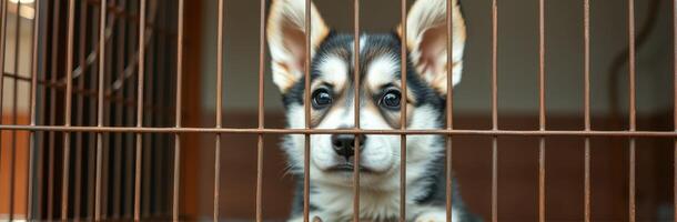 Cute puppy looking through cage bars at an animal shelter during daytime photo