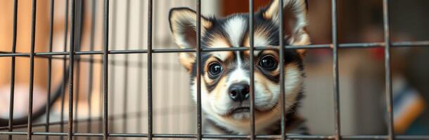 Cute dog looking through bars of a crate in a cozy indoor setting during the afternoon photo