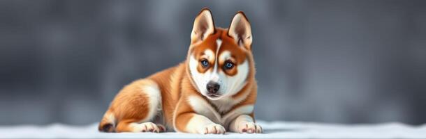 Cute husky puppy resting on a soft surface with captivating blue eyes in a serene environment photo