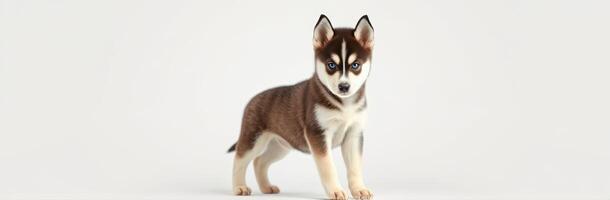 Cute husky puppy standing on a light background, displaying playful curiosity and adorable features photo