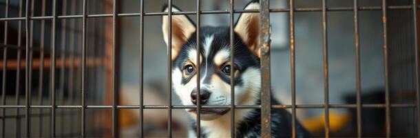 Curious puppy looking through cage bars in an animal shelter environment photo