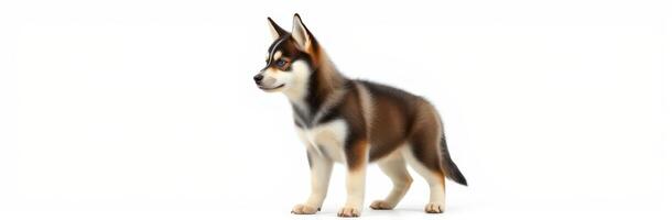 Young husky puppy stands alert in a bright, clean environment showcasing its beautiful fur and playful demeanor photo