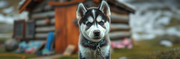 Siberian husky stands proudly in front of a rustic log cabin on a chilly day in a serene, mountainous setting photo