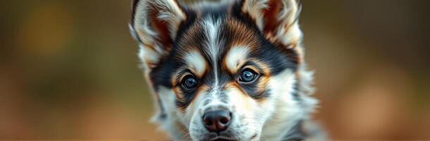 Cute puppy with striking eyes relaxing outdoors during golden hour photo