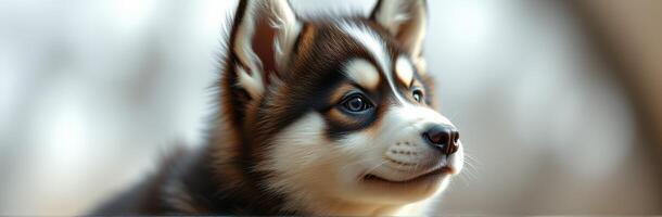 Cute husky puppy with bright blue eyes looking curiously outdoors in soft natural light photo