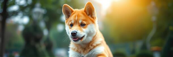 Playful shiba inu enjoys a sunny afternoon in the park surrounded by greenery and trees photo