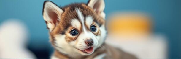 Cute puppy with striking blue eyes plays in a cozy indoor setting during late afternoon light photo
