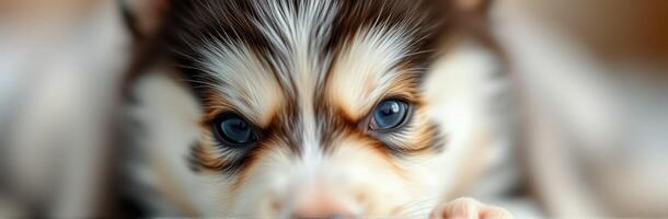 Cute puppy with stunning blue eyes gazing curiously at the camera in a cozy indoor setting photo