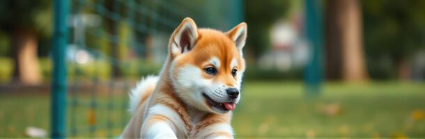 Playful shiba inu puppy enjoying a sunny day in the park while exploring its surroundings photo