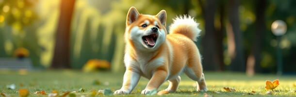 Playful shiba inu dog enjoying a sunny day in a vibrant park surrounded by colorful flowers and lush greenery photo