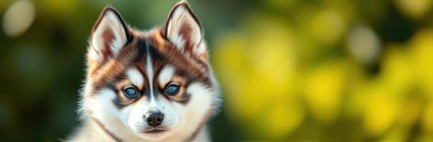 Cute puppy showcasing striking blue eyes against a blurred green background during daylight photo