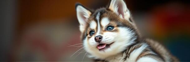 Cute fluffy puppy playing with joyful expression indoors in a cozy setting photo